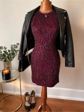 Vintage 80's art deco plum silk bead sequin mini shift dress Med 8- 10 swee lo